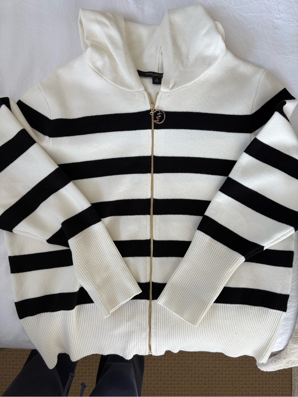 Striped Zip-Up Hoodie Sweater in Black & White